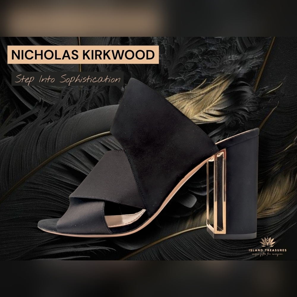 Nicholas Kirkwood Nini Sz 8 Black Suede & Satin Mules Sculptural Heels Peep Toe